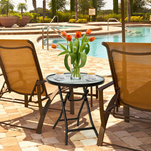 Set of 2 Round Patio Side Table with Tempered Glass Top-Black