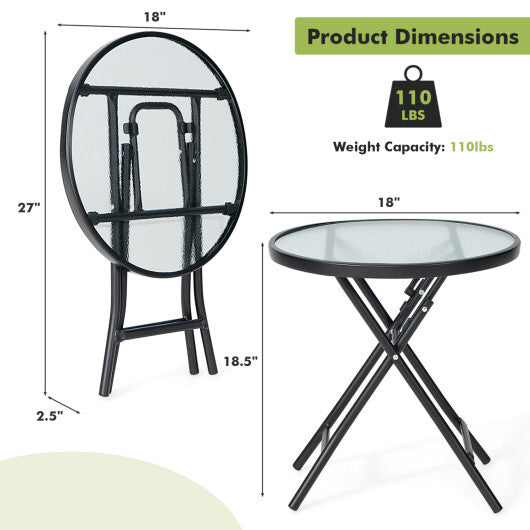 Set of 2 Round Patio Side Table with Tempered Glass Top-Black