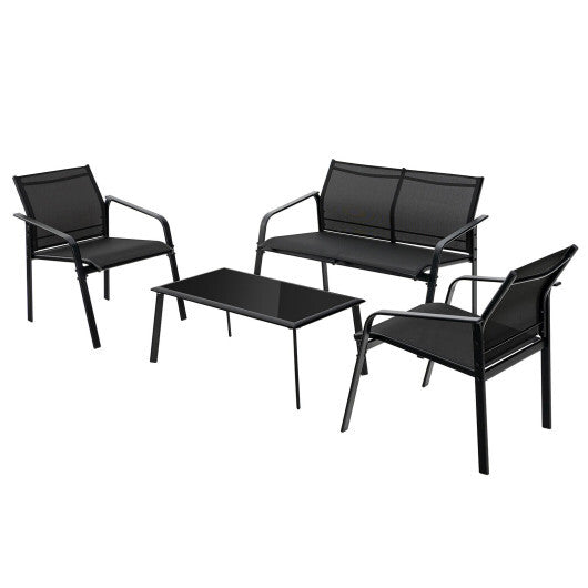 4 Pieces Patio Furniture Set with Armrest Loveseat Sofas and Glass Table Deck-Gray