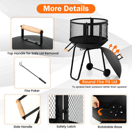 28 Inch Portable Fire Pit on Wheels with Log Grate-Black