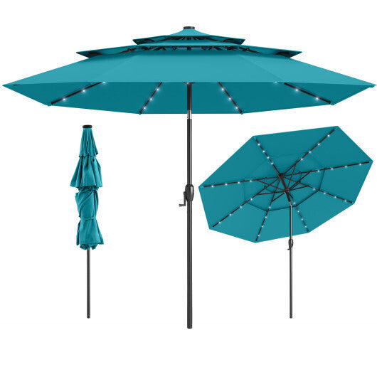 10 Feet Solar Patio Umbrella with 32 LED Lights 3-Tier Vented Top-Turquoise