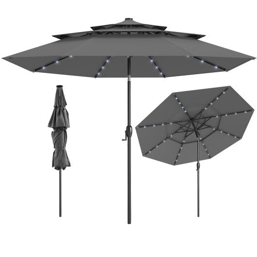 10 Feet Solar Patio Umbrella with 32 LED Lights 3-Tier Vented Top-Turquoise