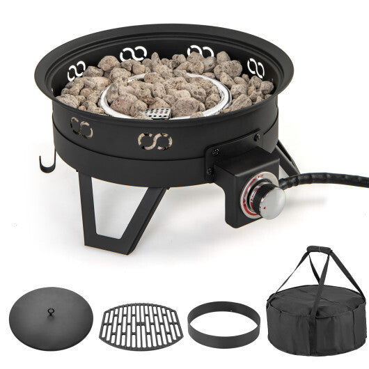 17 Inch Portable Gas Fire Pit with Folding Legs and Removable Grill for Camping-Black
