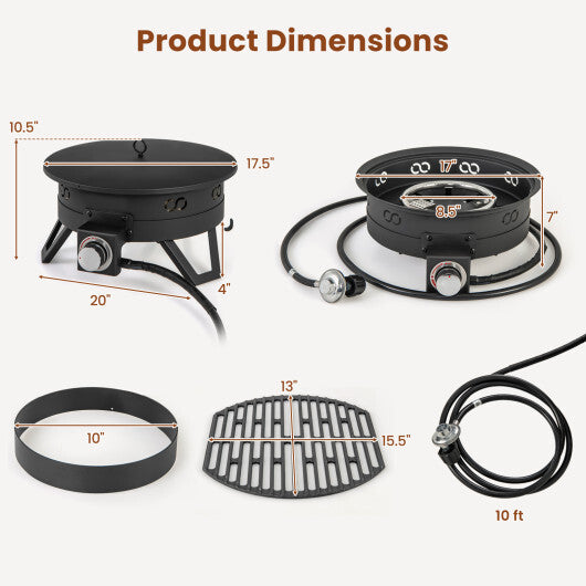 17 Inch Portable Gas Fire Pit with Folding Legs and Removable Grill for Camping-Black