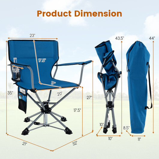 360 Swivel Hunting Chair Portable Foldable Hunting Chair with Mesh Cup Holder and Storage Pockets-Blue