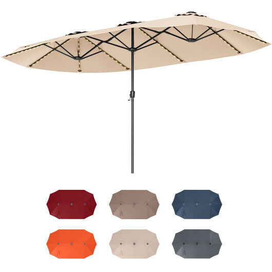 15.5 FT Extra-Large Patio Umbrella with LED Solar Lights and Crank Handle-Brown