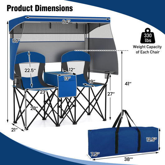 Double Beach Chair with Adjustable Canopy and 3 -Side Shading Curtains-Red