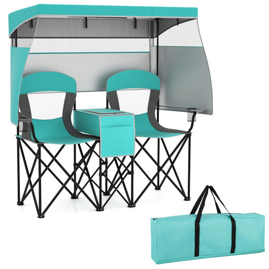 Double Beach Chair with Adjustable Canopy and 3 -Side Shading Curtains-Red