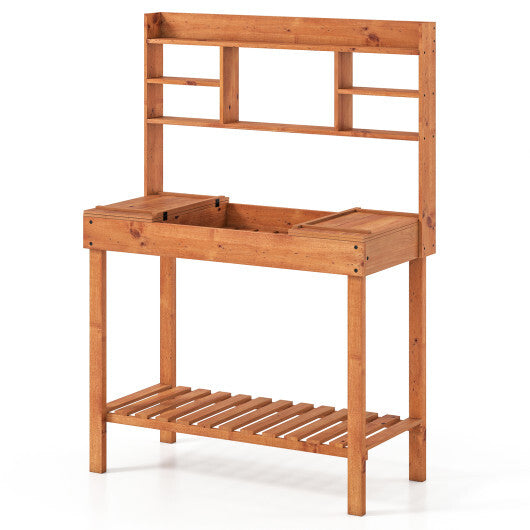 Wooden Potting Bench Table  61" Garden Planting Workstation with 3-Tier Open Shelf-Brown