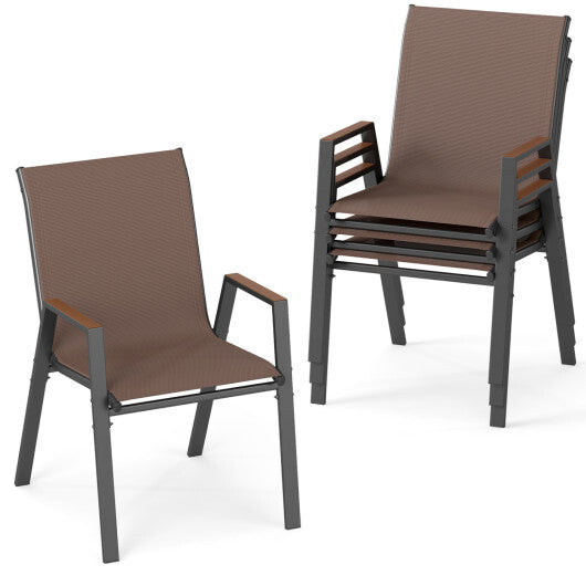 Set of 4 Stackable Patio Chairs with High Backs for Backyard 400 LBS-Brown