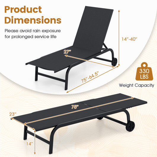 Outdoor Chaise Lounge Chair with Wheels and Metal Frame-Black