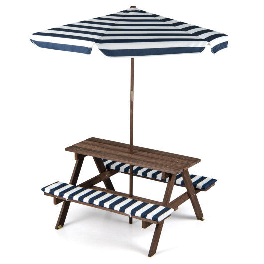 Fir Wood Kids Picnic Table with 2 Built-in Benches and Umbrella-Coffee