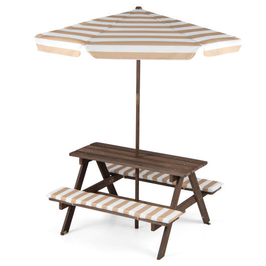 Fir Wood Kids Picnic Table with 2 Built-in Benches and Umbrella-Coffee