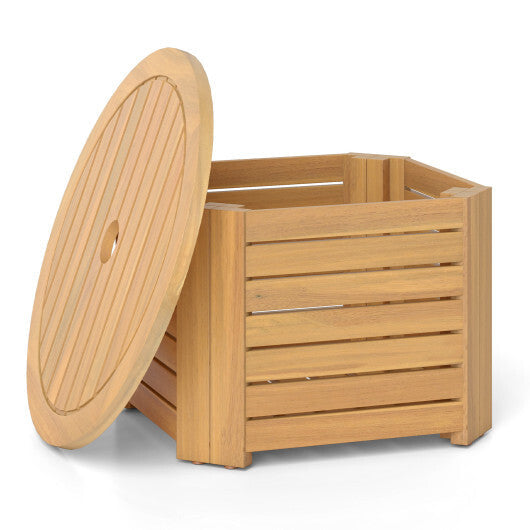 2-in-1 Outdoor Side Table with Storage Acacia Wood Slatted Coffee Table Square and Round Slatted End Storage Box