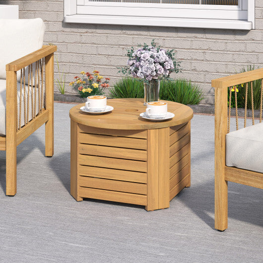 2-in-1 Outdoor Side Table with Storage Acacia Wood Slatted Coffee Table Square and Round Slatted End Storage Box