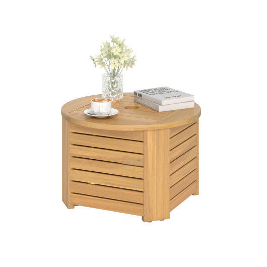 2-in-1 Outdoor Side Table with Storage Acacia Wood Slatted Coffee Table Square and Round Slatted End Storage Box