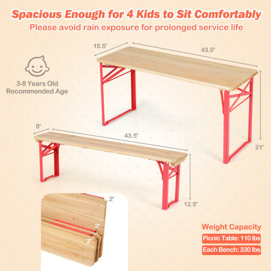 43.5 Inch Folding Kids Picnic Table & Bench Set No Assembly Wooden Toddler Table-Red