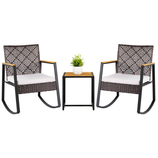 3-Piece Wicker Rocking Chair Set with Coffee Table and Cushions for Porch-Beige