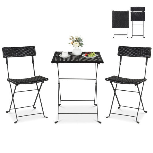 3-Piece Folding Bistro Set with PE Wicker and X-Shaped Metal Frame-Black