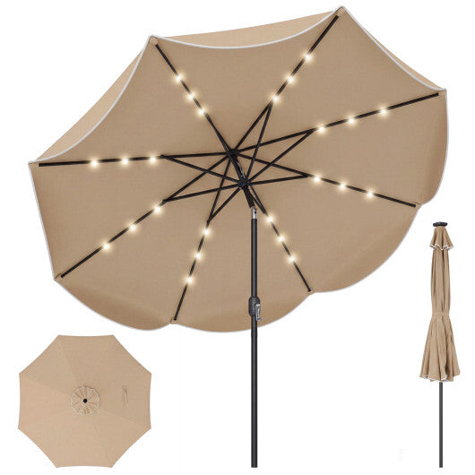 9 FT Scalloped Solar Patio Umbrella Market Table Umbrella with 24 LED Lights-Tan