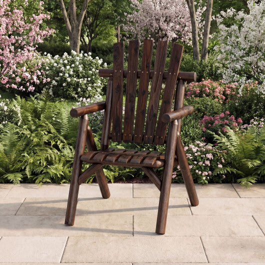 Log Wood Patio Chair with Slatted Backrest for Deck Backyard-Brown