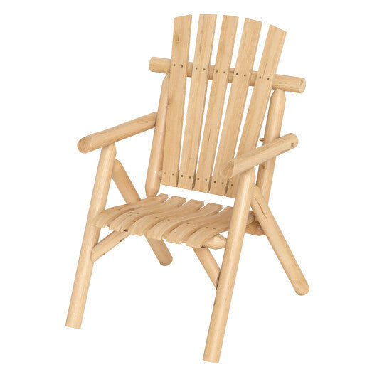 Log Wood Patio Chair with Slatted Backrest for Deck Backyard-Brown