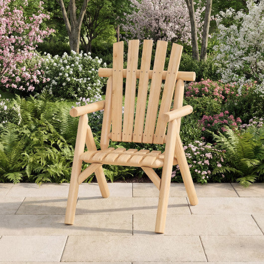Log Wood Patio Chair with Slatted Backrest for Deck Backyard-Brown