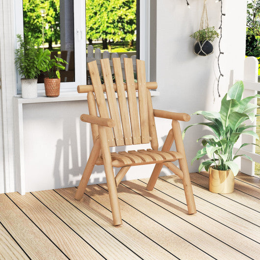 Log Wood Patio Chair with Slatted Backrest for Deck Backyard-Brown