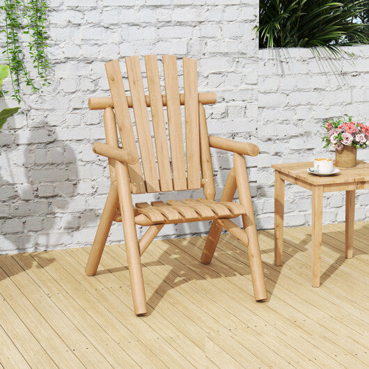 Log Wood Patio Chair with Slatted Backrest for Deck Backyard-Brown