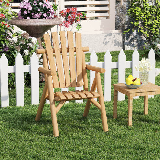 Log Wood Patio Chair with Slatted Backrest for Deck Backyard-Brown