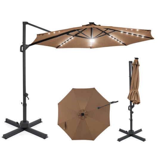 10 FT Cantilever Patio Umbrella with Solar LED Lights 360? Rotation-Brown