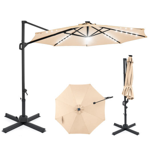 10 FT Cantilever Patio Umbrella with Solar LED Lights 360? Rotation-Brown