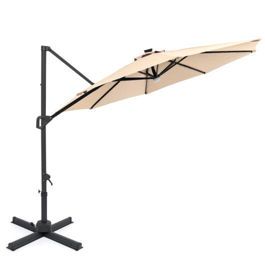 10 FT Cantilever Patio Umbrella with Solar LED Lights 360? Rotation-Brown