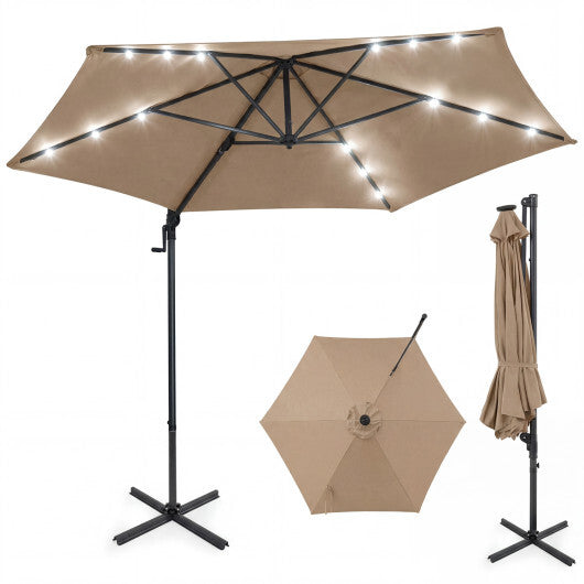 10 Feet Patio Cantilever Umbrella with Solar LED Lights-Tan