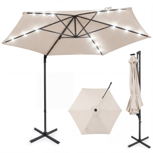 10 Feet Patio Cantilever Umbrella with Solar LED Lights-Tan