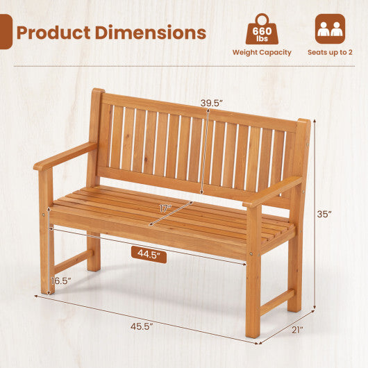 2-Seater Outdoor Wooden Bench with Backrest and Armrests-Brown