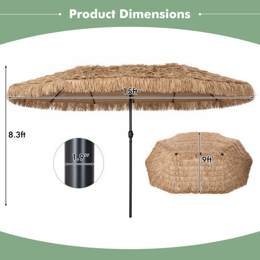 15 x 9 FT Double-sided Thatched Tiki Patio Umbrella with Crank Handle and 12 Sturdy Ribs-Brown
