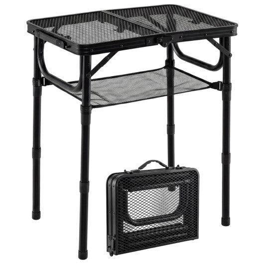 3-Height Folding Picnic Table with Large Storage Net and Handle-Black