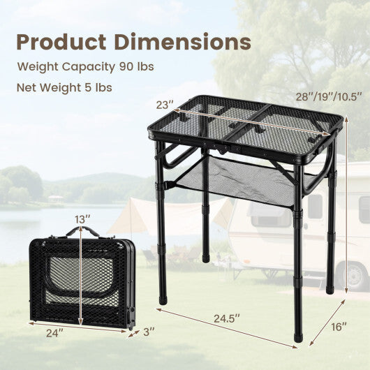 3-Height Folding Picnic Table with Large Storage Net and Handle-Black