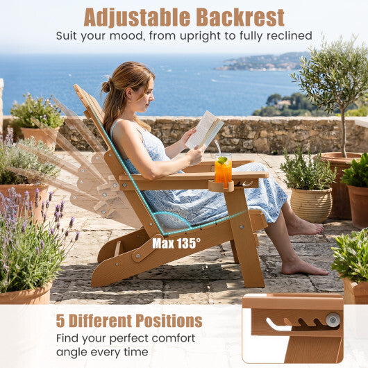 Outdoor Folding Adirondack Chair with Cup Holder and 5-Level Backrest-Black