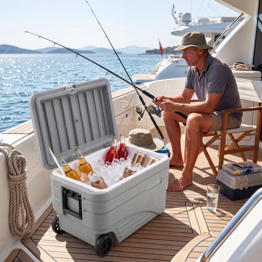 103 Quart Outdoor Portable Wheeled Ice Cooler with Foldable Pull and Carry Handles-Gray