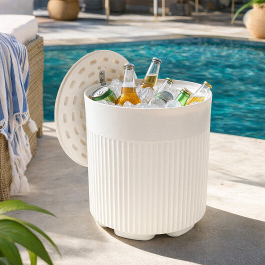 3-in-1 Outdoor Cooler Side Table with Fluted Design for Deck-White