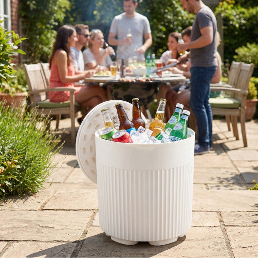 3-in-1 Outdoor Cooler Side Table with Fluted Design for Deck-White