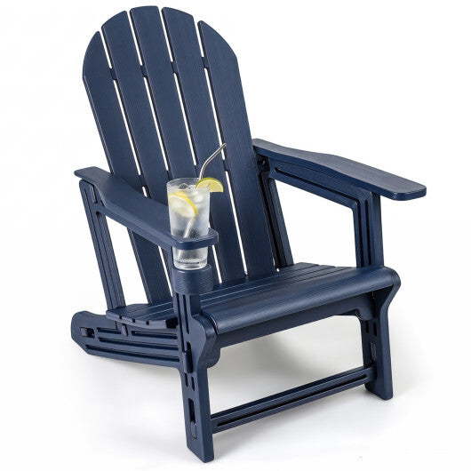 HDPE Adirondack Chair with Cup Holder and Wooden Texture for Patio-Blue