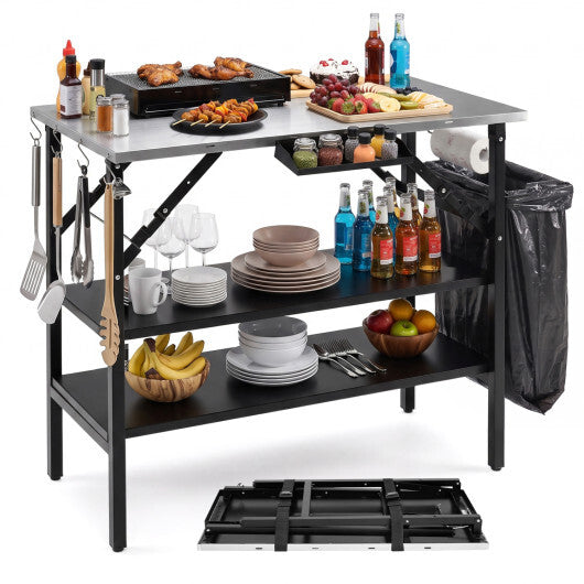 Foldable Outdoor Cook Station with Removable Shelves & Trash Bag Holder for Camping-Black