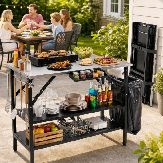 Foldable Outdoor Cook Station with Removable Shelves & Trash Bag Holder for Camping-Black