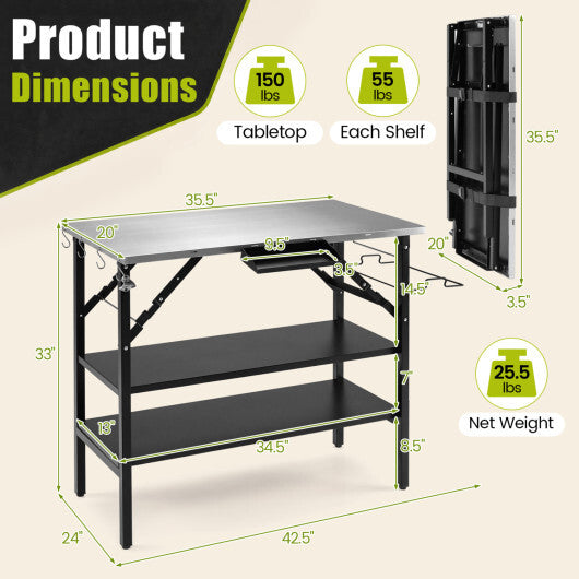 Foldable Outdoor Cook Station with Removable Shelves & Trash Bag Holder for Camping-Black