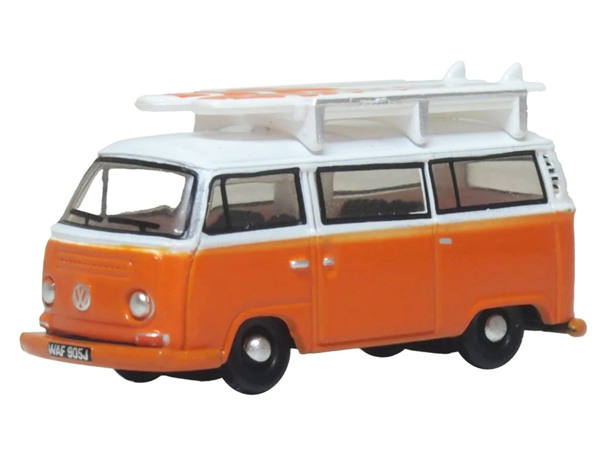 Volkswagen T2 Bay Window Bus Signal Orange with White Top and Surfboards on Roof Rack 1/148 (N) Scale Diecast Model Car by Oxford Diecast