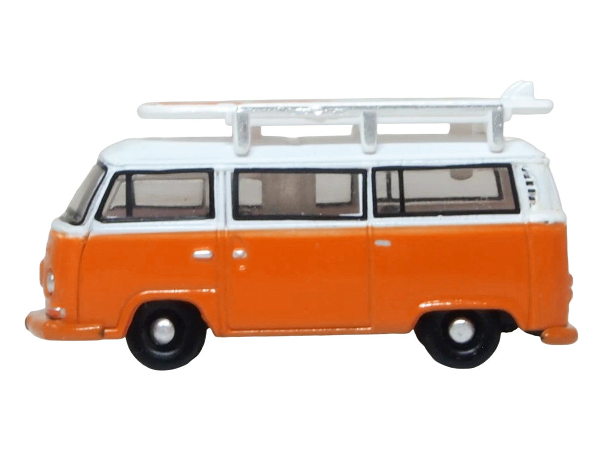 Volkswagen T2 Bay Window Bus Signal Orange with White Top and Surfboards on Roof Rack 1/148 (N) Scale Diecast Model Car by Oxford Diecast