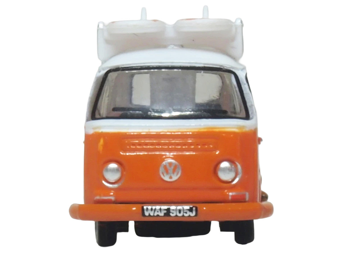 Volkswagen T2 Bay Window Bus Signal Orange with White Top and Surfboards on Roof Rack 1/148 (N) Scale Diecast Model Car by Oxford Diecast
